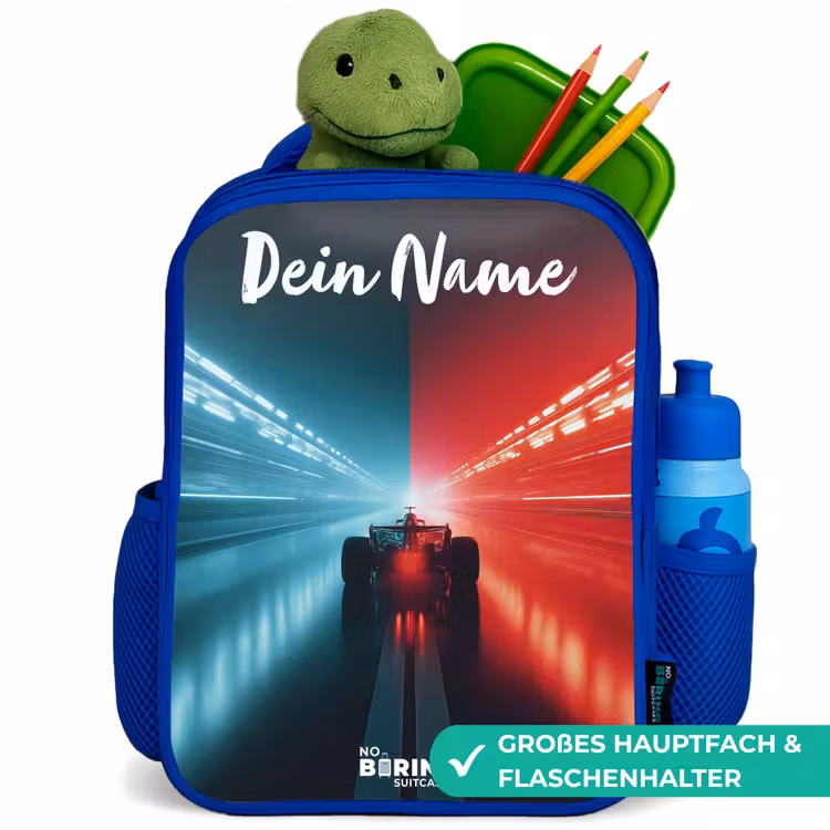 Kinderrucksack mit Namen - Blau - Rennwagen - Beleuchtung - Neon - Rot — 3