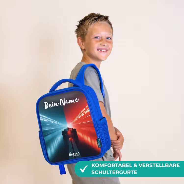 Kinderrucksack mit Namen - Blau - Rennwagen - Beleuchtung - Neon - Rot — 5