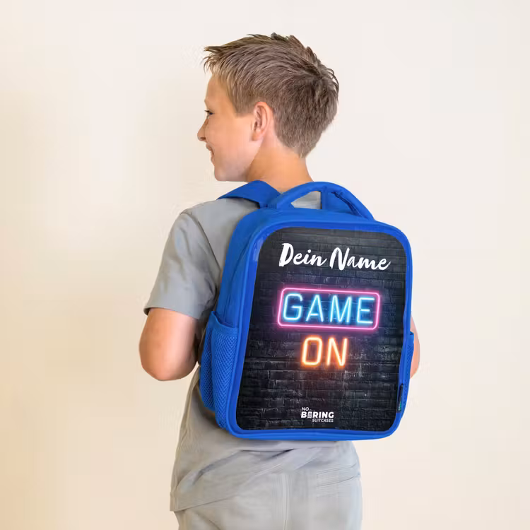 Kinderrucksack mit Namen - Blau - Spiel - Neon - Wand — 2