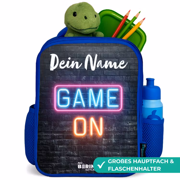 Kinderrucksack mit Namen - Blau - Spiel - Neon - Wand — 3
