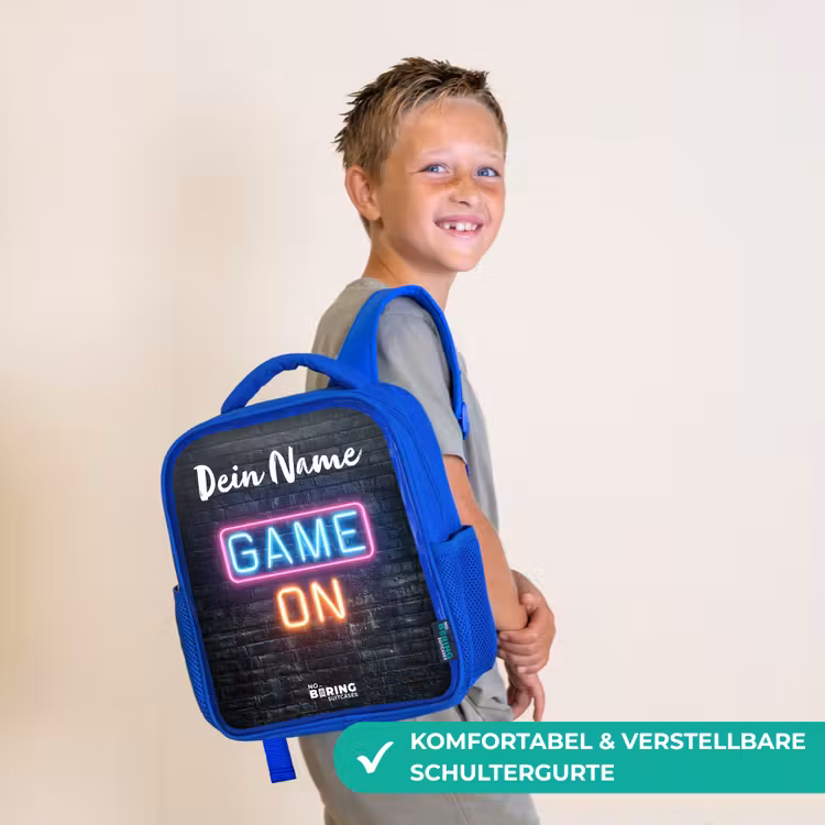 Kinderrucksack mit Namen - Blau - Spiel - Neon - Wand — 5