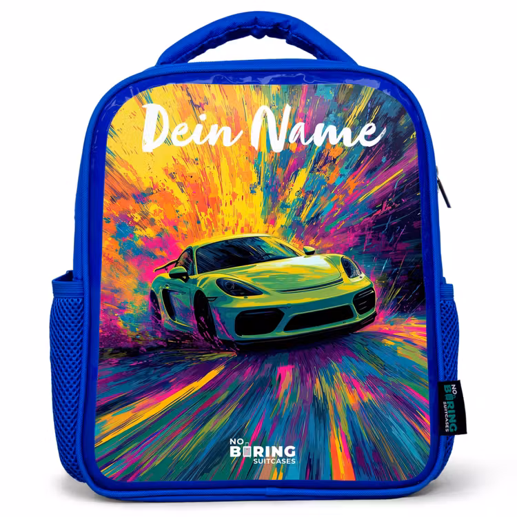 Kinderrucksack mit Namen - Blau - Sportwagen - Grün - Lackstreifen - Farben — 1