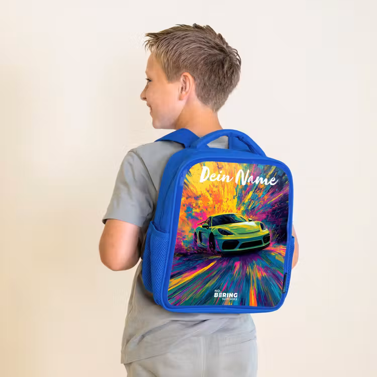 Kinderrucksack mit Namen - Blau - Sportwagen - Grün - Lackstreifen - Farben — 2