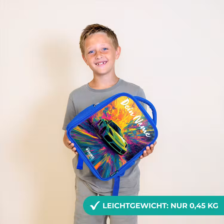 Kinderrucksack mit Namen - Blau - Sportwagen - Grün - Lackstreifen - Farben — 4