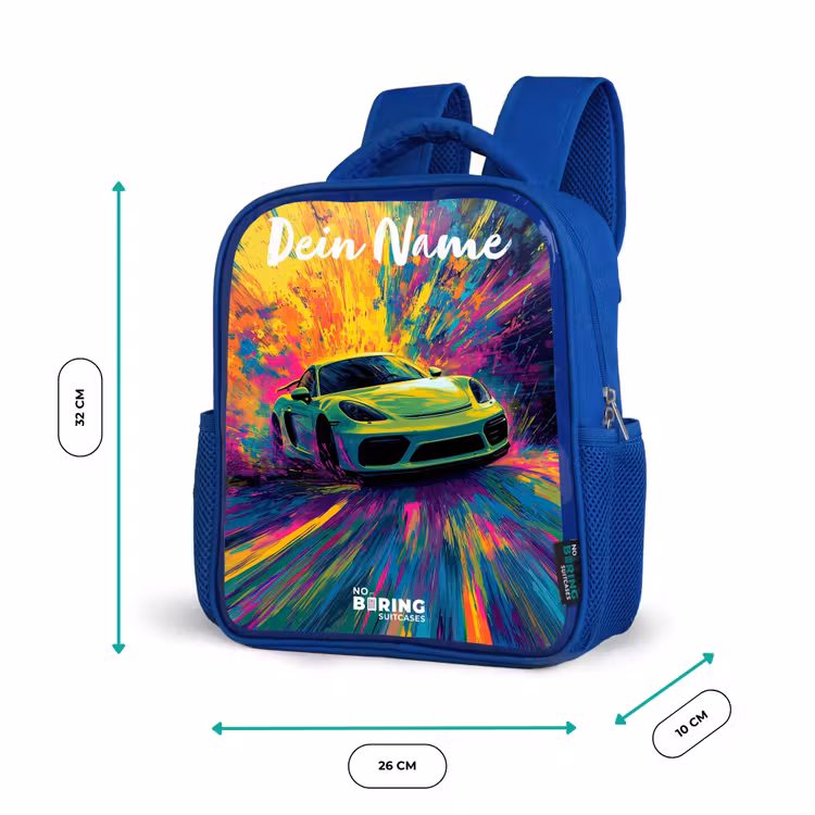 Kinderrucksack mit Namen - Blau - Sportwagen - Grün - Lackstreifen - Farben — 6