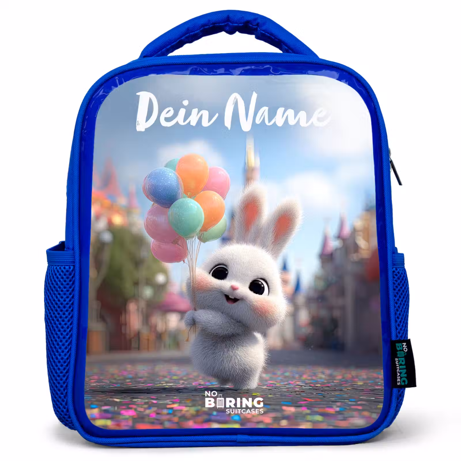 Kinderrucksack mit Namen - Blau - Kaninchen - Luftballons — 1