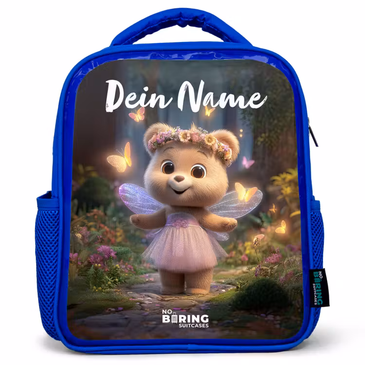 Kinderrucksack mit Namen - Blau - Bär - Schmetterlinge - Wald - Fee — 1