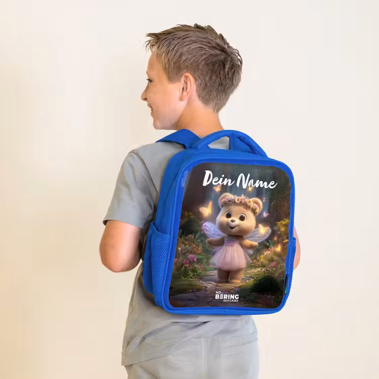 Kinderrucksack mit Namen - Blau - Bär - Schmetterlinge - Wald - Fee — 2