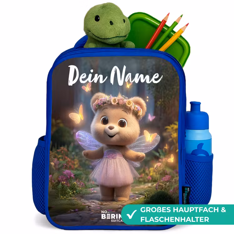 Kinderrucksack mit Namen - Blau - Bär - Schmetterlinge - Wald - Fee — 3