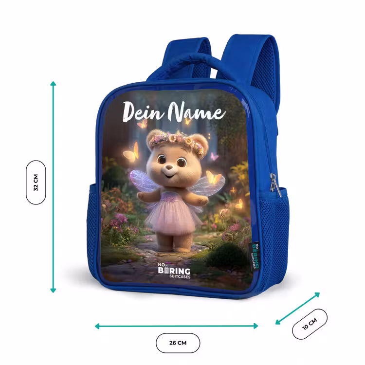 Kinderrucksack mit Namen - Blau - Bär - Schmetterlinge - Wald - Fee — 6