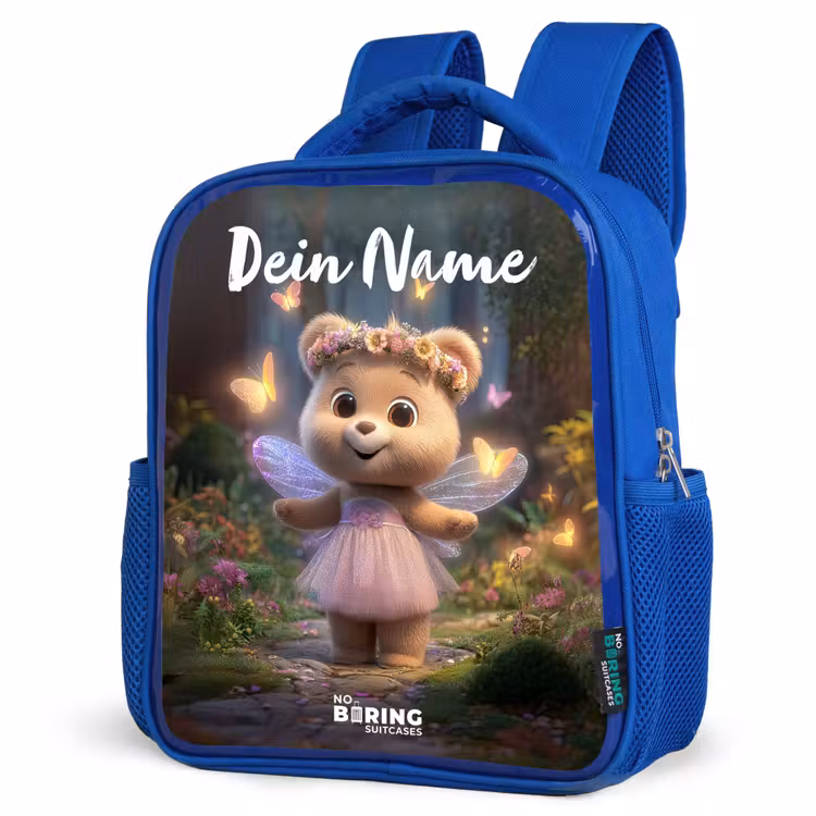Kinderrucksack mit Namen - Blau - Bär - Schmetterlinge - Wald - Fee — 7