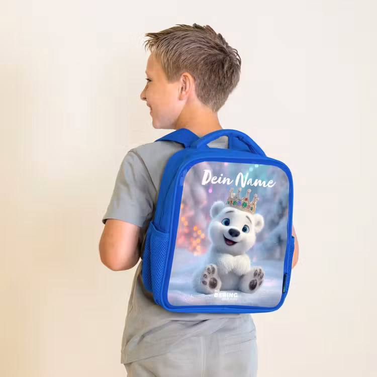 Kinderrucksack mit Namen - Blau - Eisbär - Krone - Winter — 2
