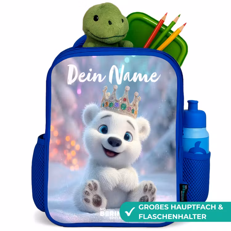 Kinderrucksack mit Namen - Blau - Eisbär - Krone - Winter — 3