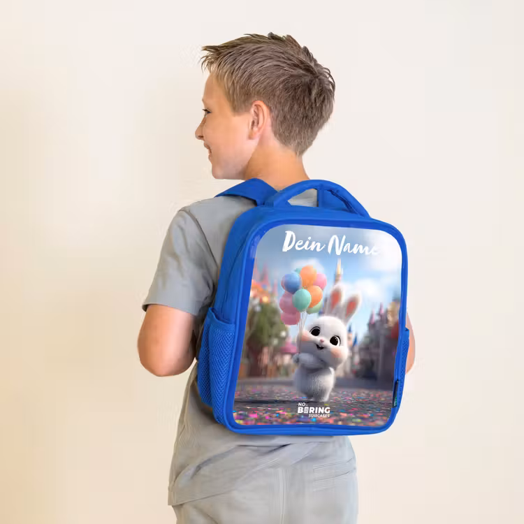 Kinderrucksack mit Namen - Blau - Kaninchen - Luftballons — 2