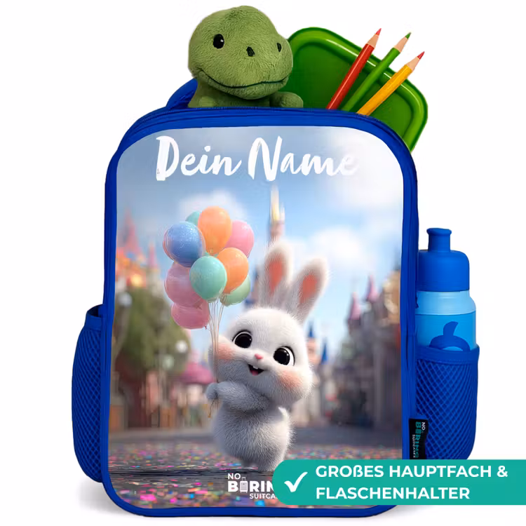 Kinderrucksack mit Namen - Blau - Kaninchen - Luftballons — 3