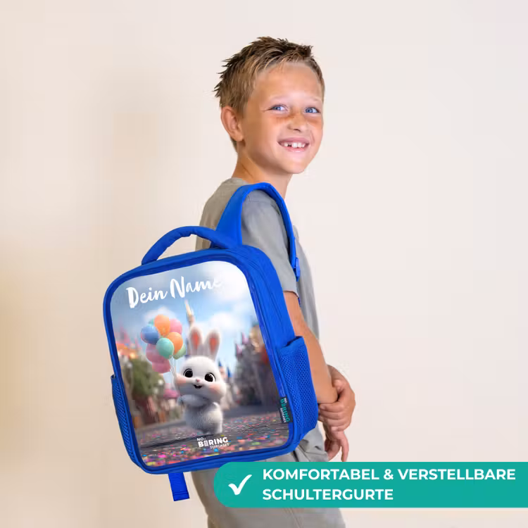 Kinderrucksack mit Namen - Blau - Kaninchen - Luftballons — 5