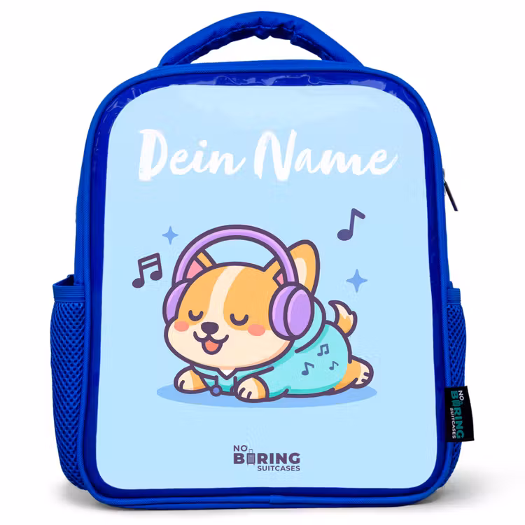 Kinderrucksack mit Namen - Blau - Kawai - Hund - Musik — 1