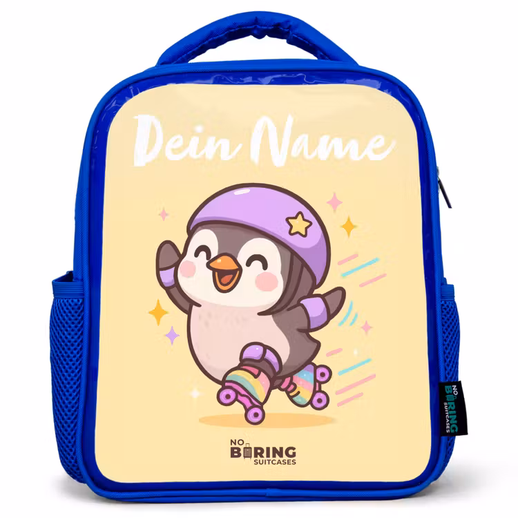 Kinderrucksack mit Namen - Blau - Kawai - Pinguin - Schlittschuhe — 1