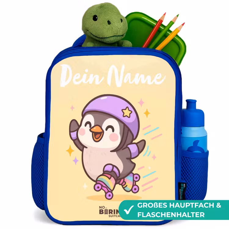 Kinderrucksack mit Namen - Blau - Kawai - Pinguin - Schlittschuhe — 3