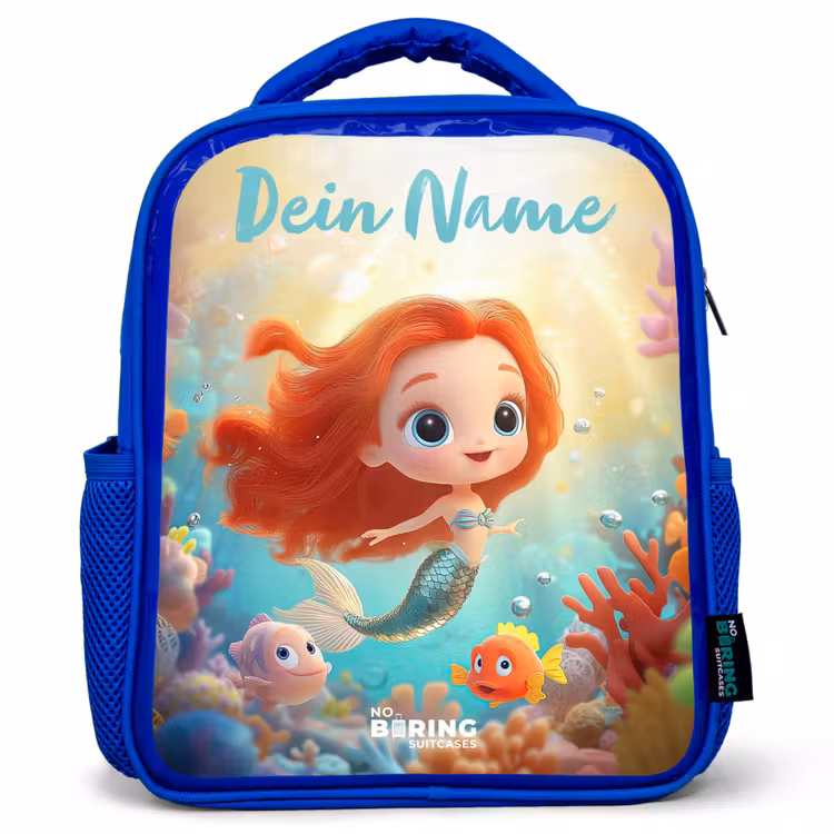 Kinderrucksack mit Namen - Blau - Meerjungfrau - Fisch - Koralle — 1