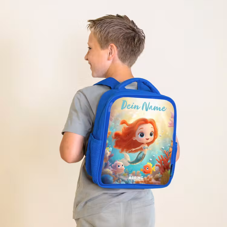 Kinderrucksack mit Namen - Blau - Meerjungfrau - Fisch - Koralle — 2