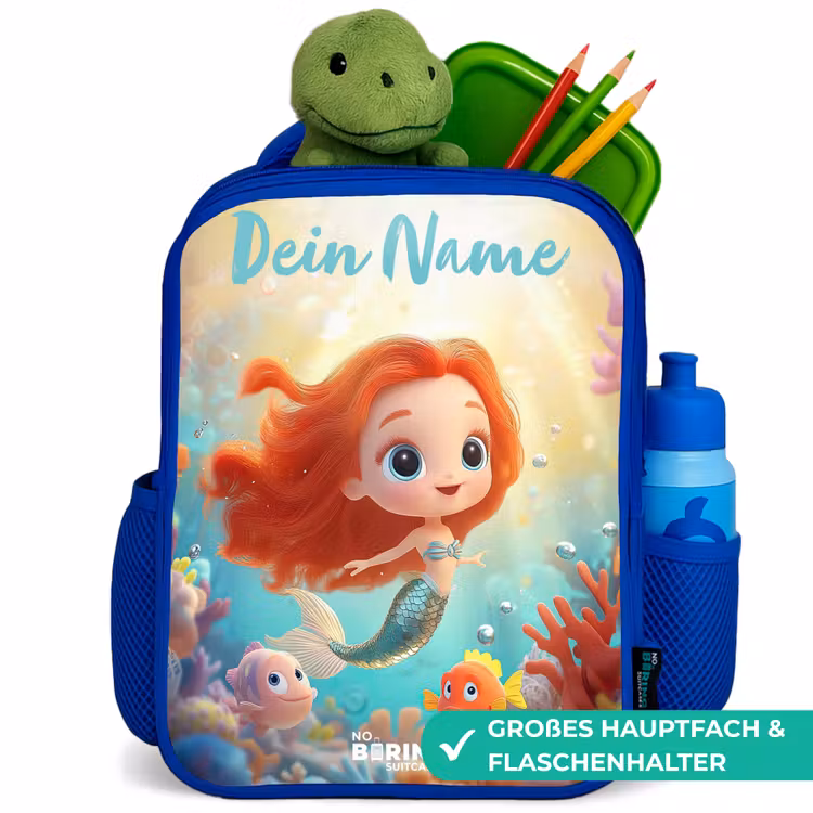 Kinderrucksack mit Namen - Blau - Meerjungfrau - Fisch - Koralle — 3
