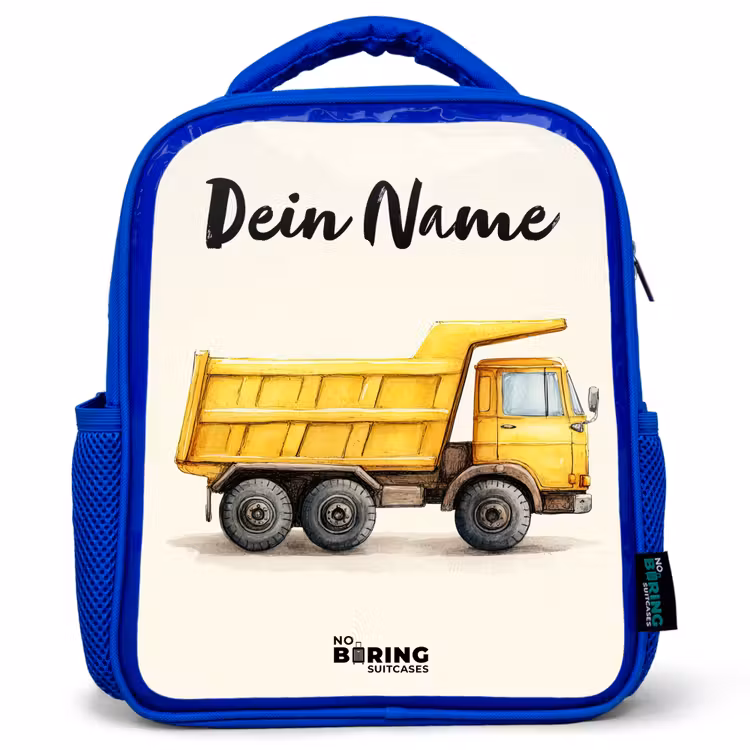 Kinderrucksack mit Namen - Blau - Muldenkipper - Signiert - Gelb — 1
