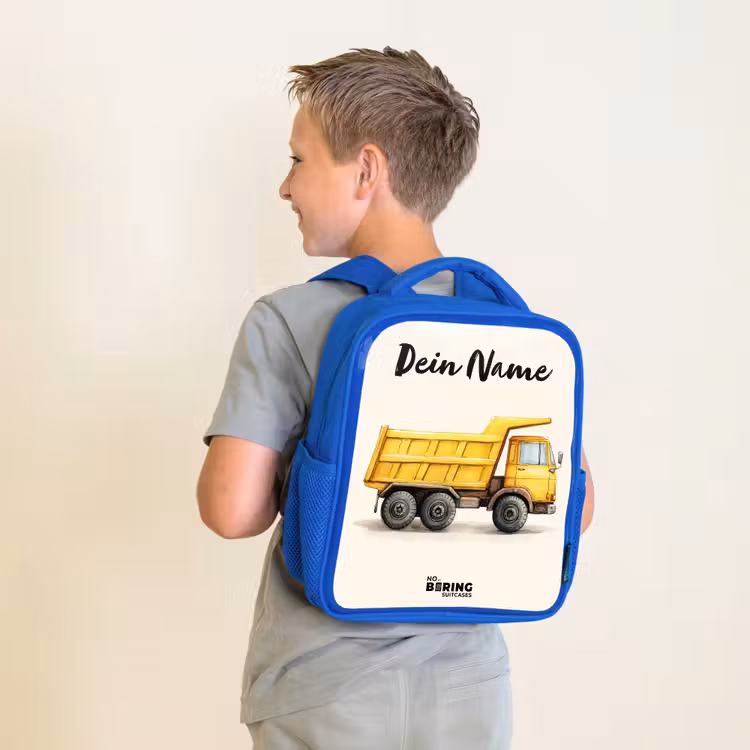 Kinderrucksack mit Namen - Blau - Muldenkipper - Signiert - Gelb — 2
