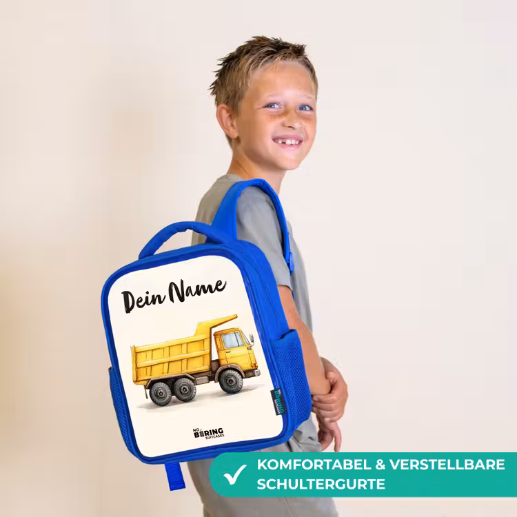 Kinderrucksack mit Namen - Blau - Muldenkipper - Signiert - Gelb — 5