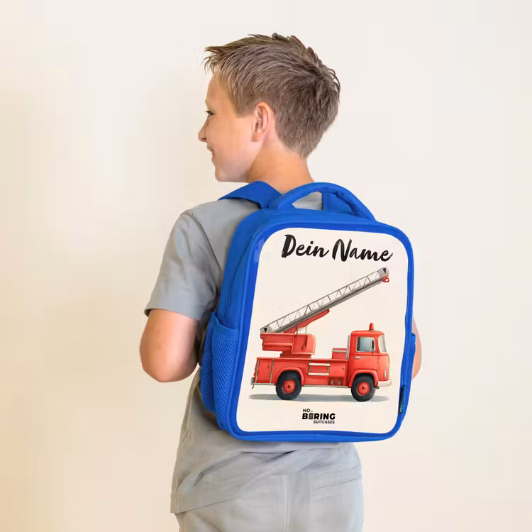 Kinderrucksack mit Namen - Blau - Feuerwehrauto - Signiert - Rot — 2