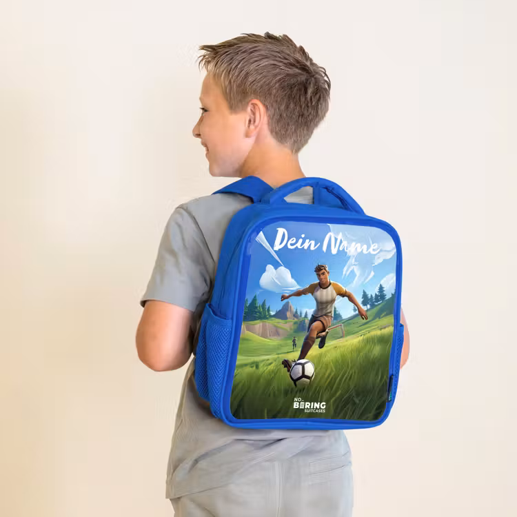 Kinderrucksack mit Namen - Blau - Fußball - Junge - Tor - Fußballtrikot — 2