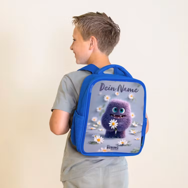 Kinderrucksack - Blau - Lila flauschiger Freund mit Gänseblümchen — 2