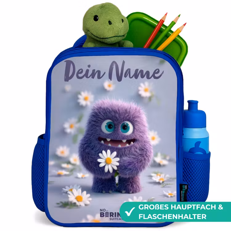Kinderrucksack - Blau - Lila flauschiger Freund mit Gänseblümchen — 3
