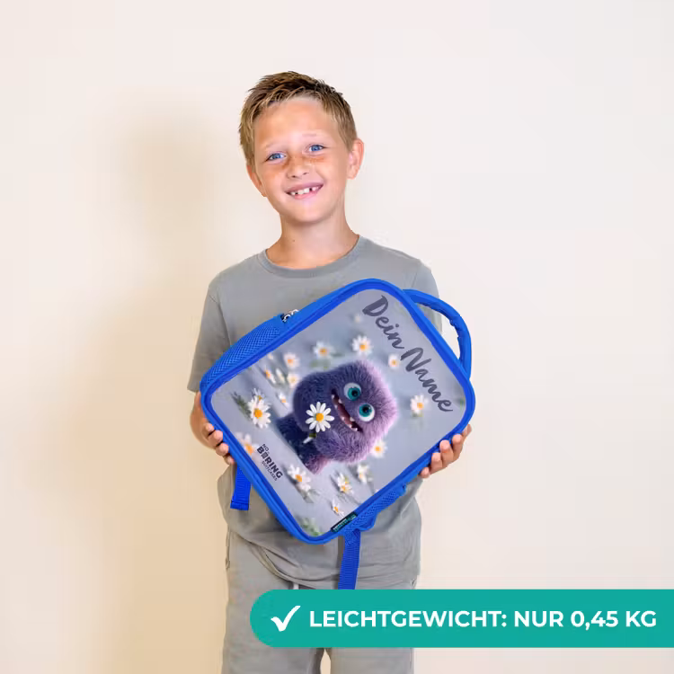 Kinderrucksack - Blau - Lila flauschiger Freund mit Gänseblümchen — 4