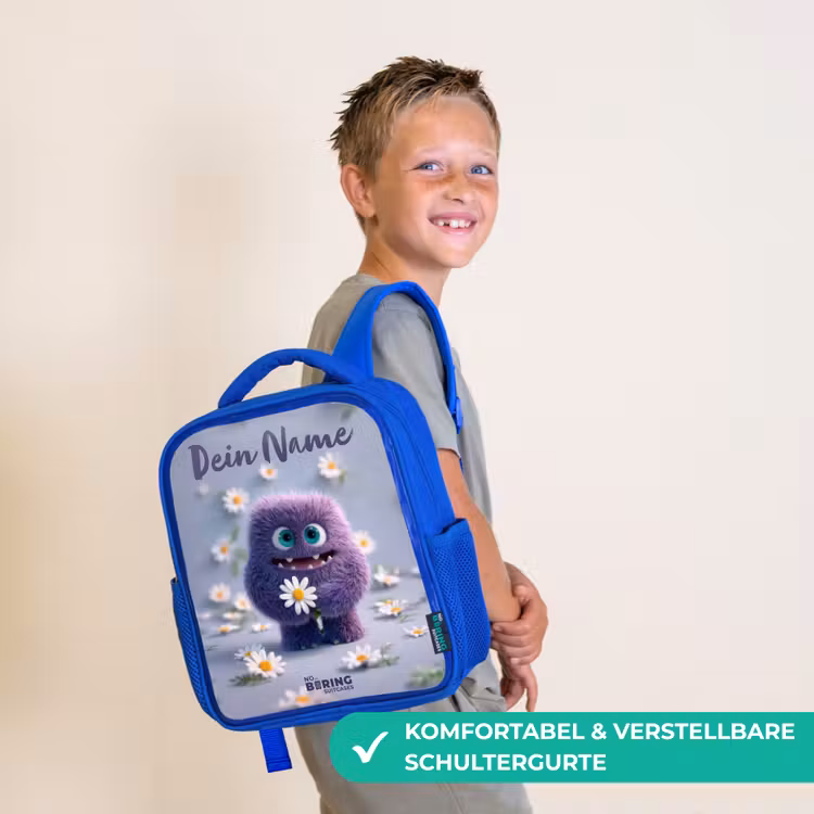 Kinderrucksack - Blau - Lila flauschiger Freund mit Gänseblümchen — 5