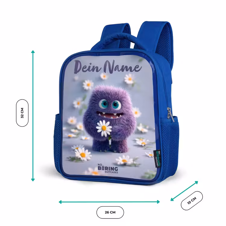 Kinderrucksack - Blau - Lila flauschiger Freund mit Gänseblümchen — 6
