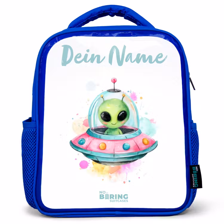 Kinderrucksack - Blau - Grüner Außerirdischer in buntem UFO — 1