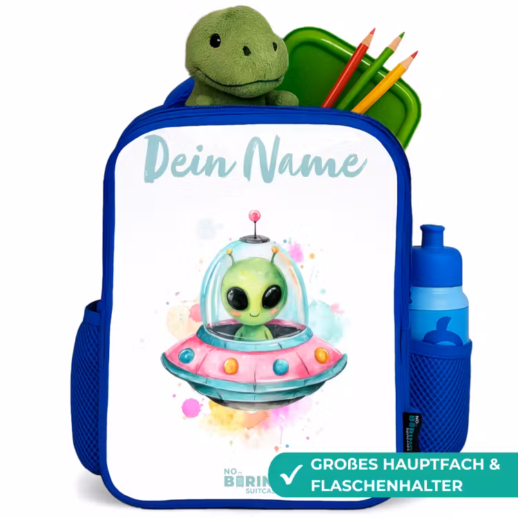 Kinderrucksack - Blau - Grüner Außerirdischer in buntem UFO — 3