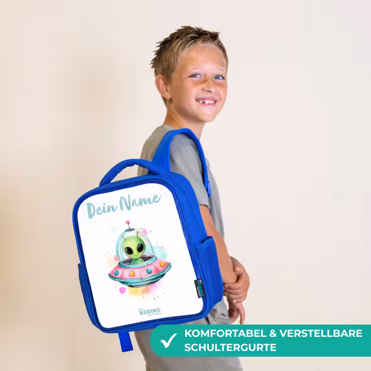Kinderrucksack - Blau - Grüner Außerirdischer in buntem UFO — 5