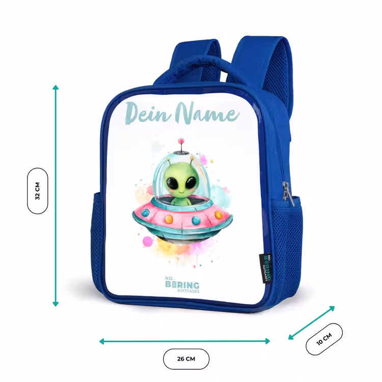 Kinderrucksack - Blau - Grüner Außerirdischer in buntem UFO — 6