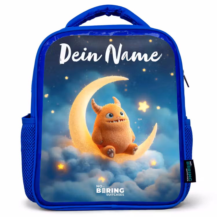 Kinderrucksack - Blau - Orangefarbenes Ungeheuer auf Mondsichel — 1