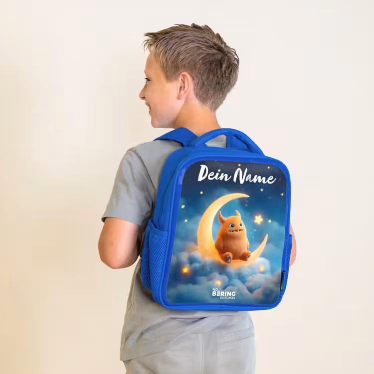 Kinderrucksack - Blau - Orangefarbenes Ungeheuer auf Mondsichel — 2