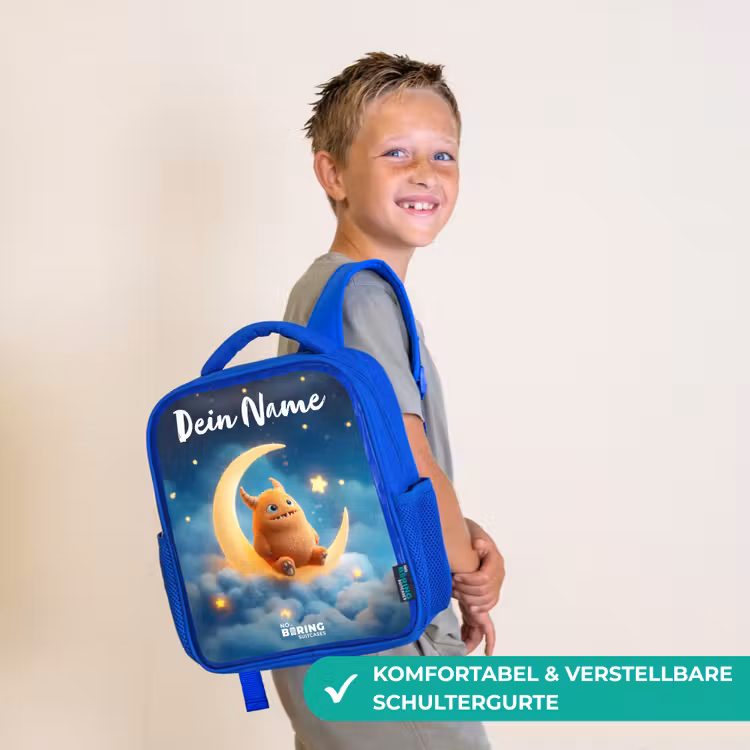 Kinderrucksack - Blau - Orangefarbenes Ungeheuer auf Mondsichel — 5