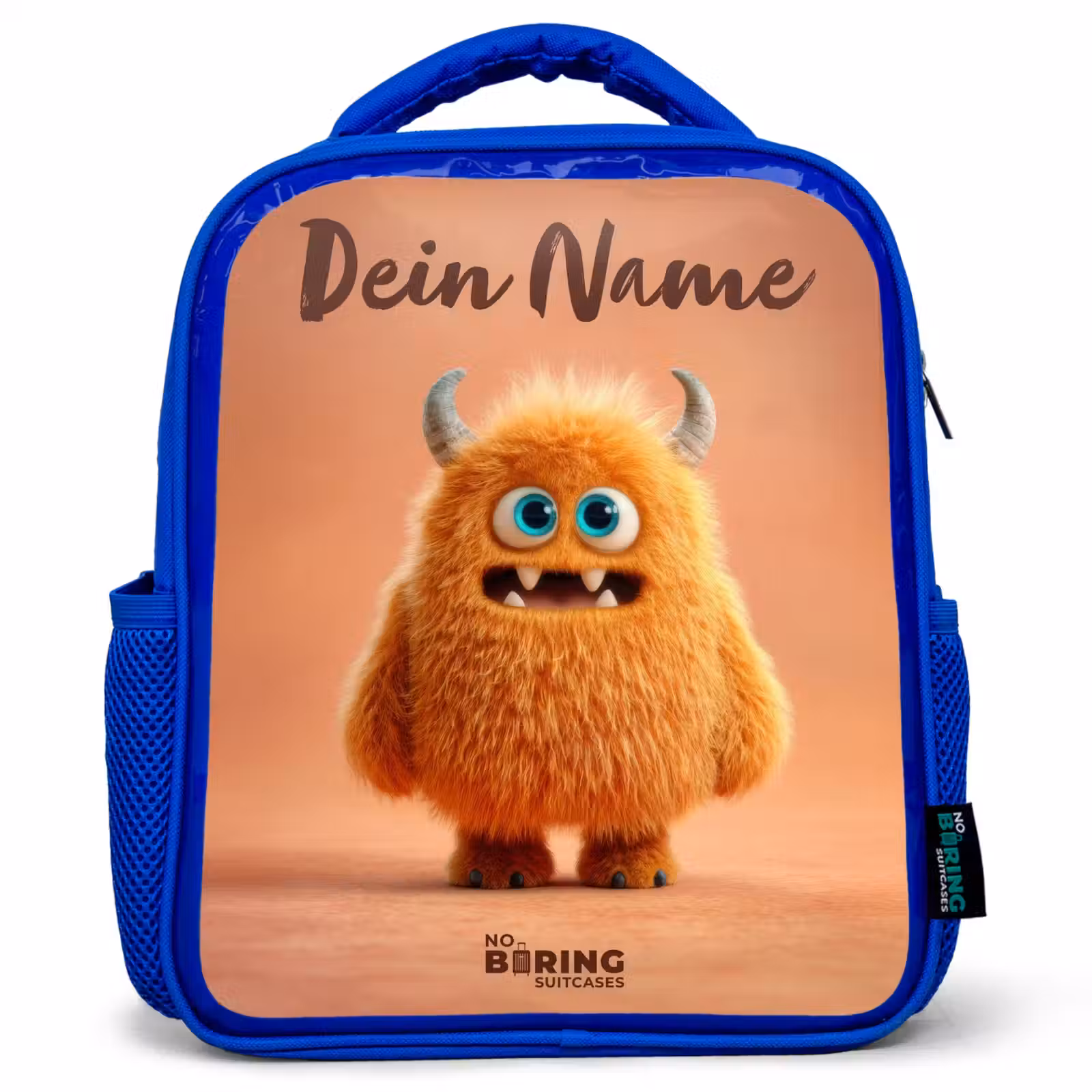 Kinderrucksack - Blau - Orangefarbenes flauschiges Monster mit Hörnern — 1