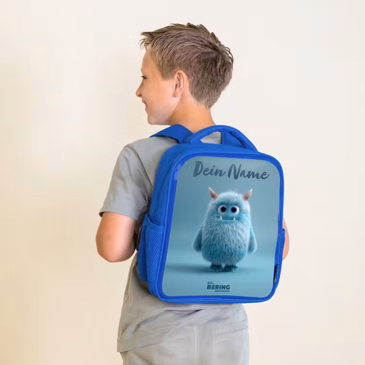 Kinderrucksack - Blau - Blaues Plüschmonster mit Hörnern — 2