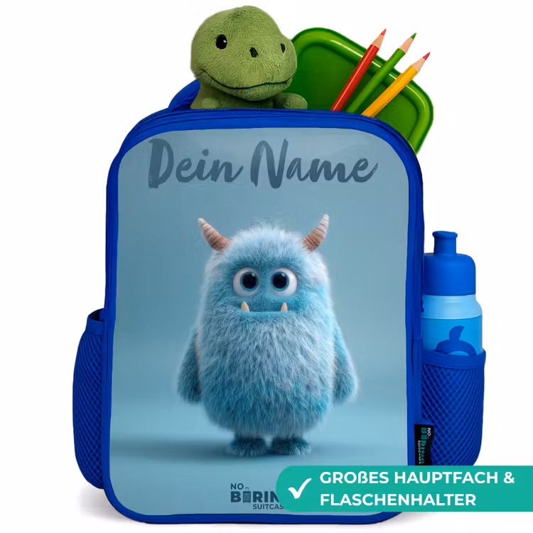 Kinderrucksack - Blau - Blaues Plüschmonster mit Hörnern — 3
