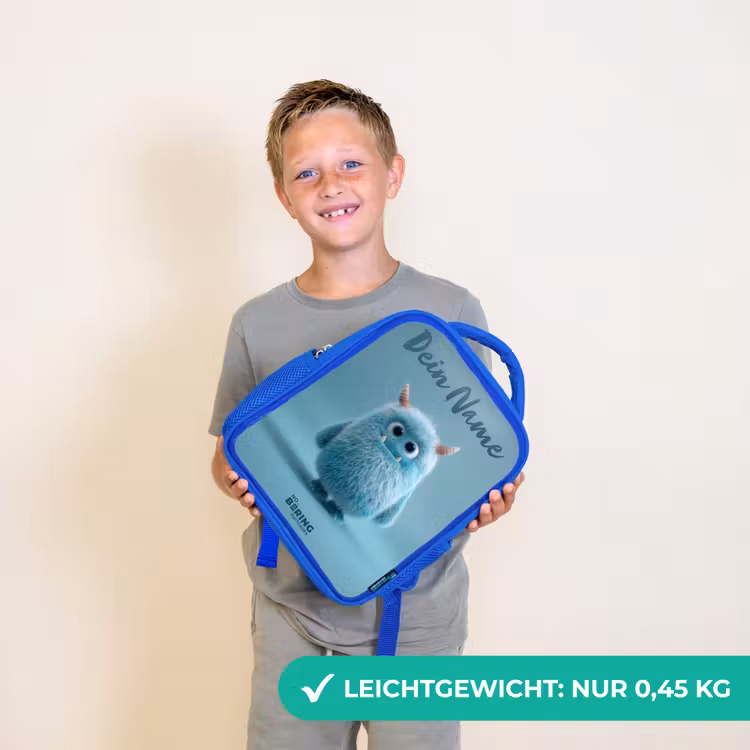 Kinderrucksack - Blau - Blaues Plüschmonster mit Hörnern — 4