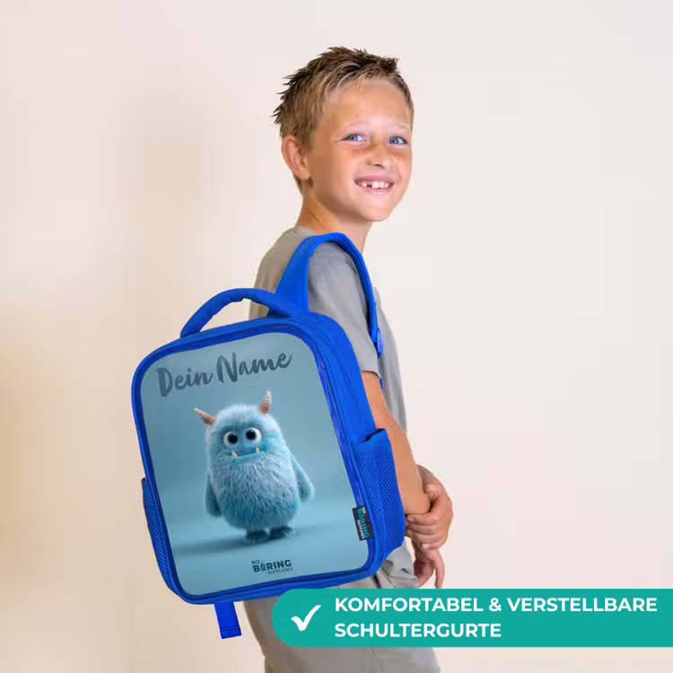 Kinderrucksack - Blau - Blaues Plüschmonster mit Hörnern — 5
