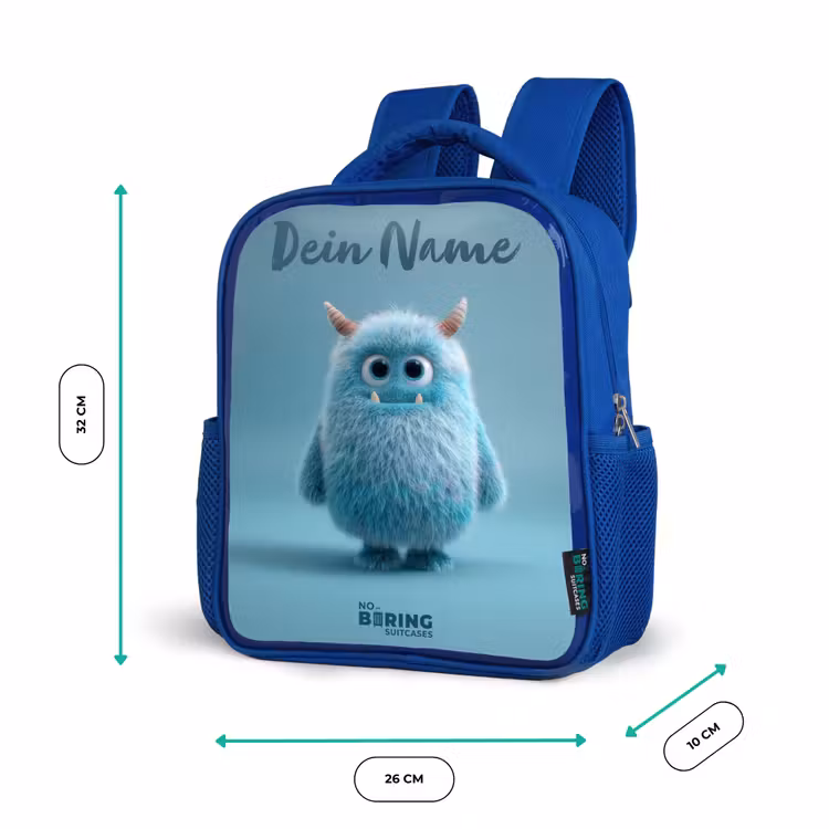 Kinderrucksack - Blau - Blaues Plüschmonster mit Hörnern — 6