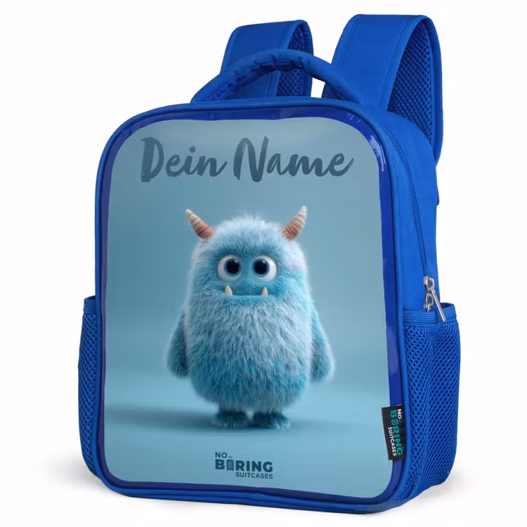 Kinderrucksack - Blau - Blaues Plüschmonster mit Hörnern — 7